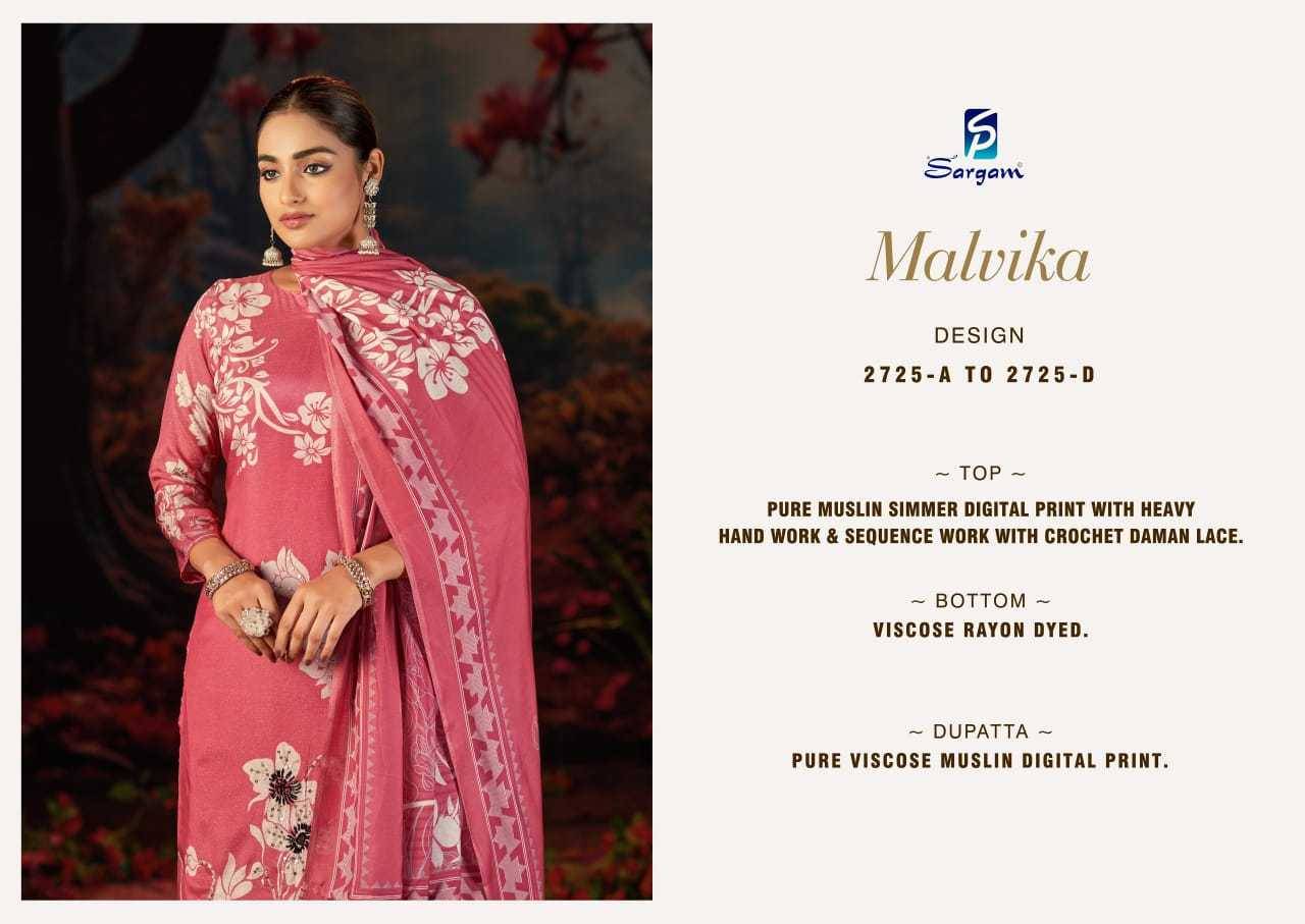 Malvika By Sargam Prints 2725-A To 2725-D Series Beautiful Festive Suits Stylish Fancy Colorful Casual Wear & Ethnic Wear Pure Muslin Dresses At Wholesale Price