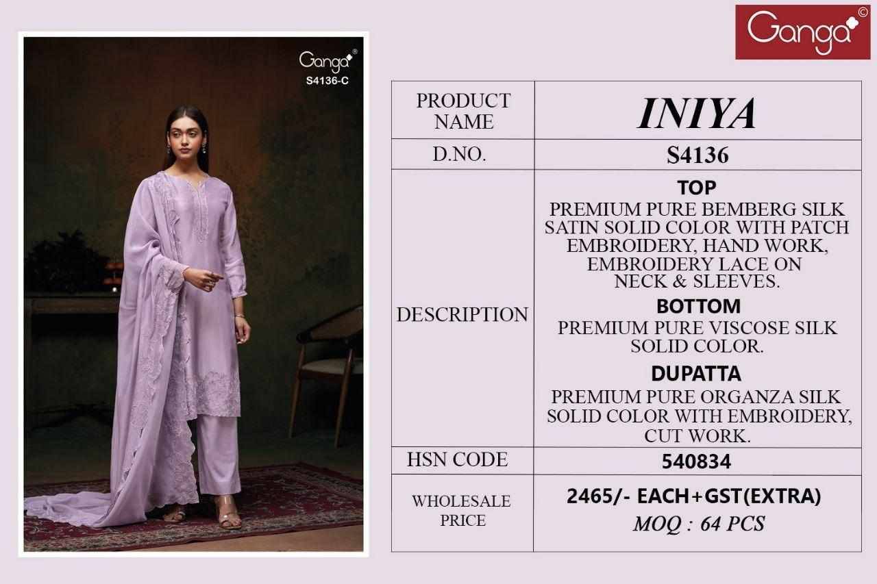 Iniya-4136 By Ganga Fashion 4136-A To 4136-D Series Beautiful Festive Suits Stylish Colorful Fancy Casual Wear & Ethnic Wear Premium Bemberg Silk Print Dresses At Wholesale Price