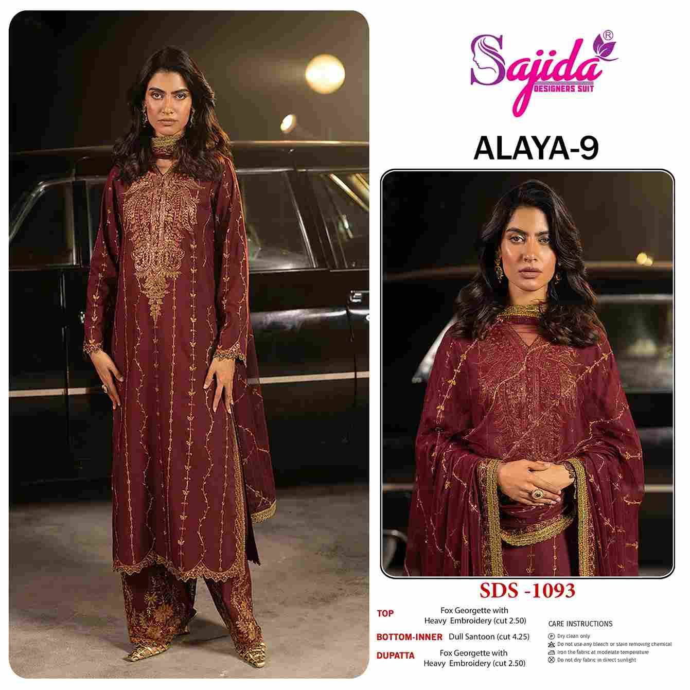 Alaya Vol-9 By Sajida Designer Suit Beautiful Pakistani Suits Colorful Stylish Fancy Casual Wear & Ethnic Wear Faux Georgette Embroidered Dresses At Wholesale Price