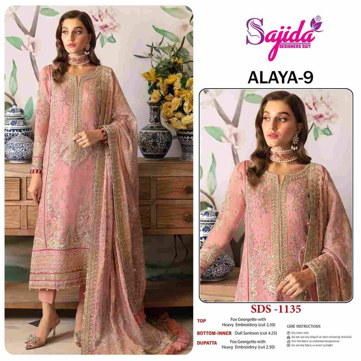 Alaya Vol-9 By Sajida Designer Suit Beautiful Pakistani Suits Colorful Stylish Fancy Casual Wear & Ethnic Wear Faux Georgette Embroidered Dresses At Wholesale Price