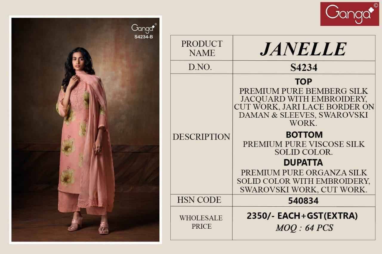 Janelle-4234 By Ganga Fashion 4234-A To 4234-B Series Beautiful Festive Suits Stylish Colorful Fancy Casual Wear & Ethnic Wear Premium Bemberg Silk Print Dresses At Wholesale Price