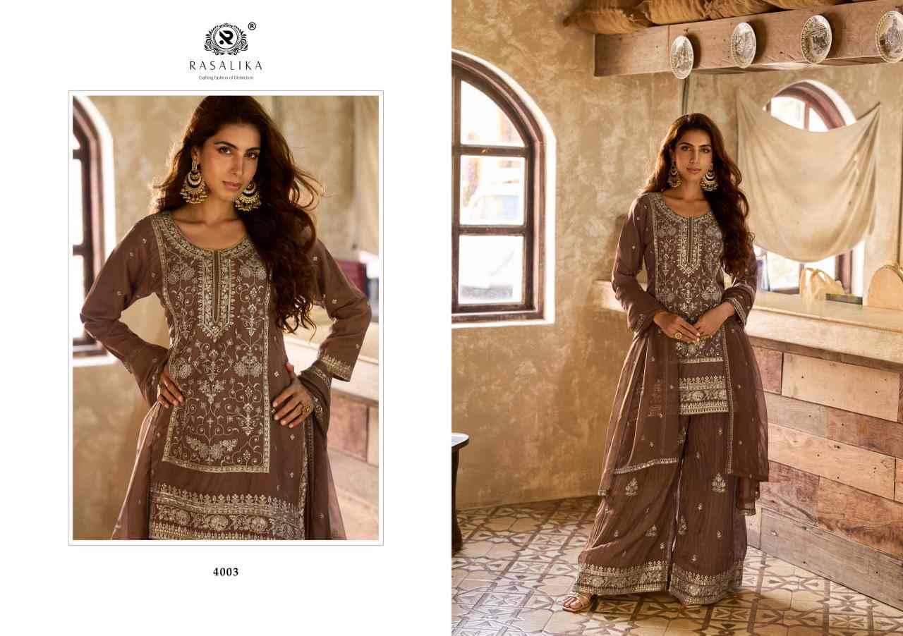 Muskaan By Rasalika 4003 To 4005 Series Designer Sharara Suits Beautiful Fancy Colorful Stylish Party Wear & Occasional Wear Heavy Viscose Organza Dresses At Wholesale Price