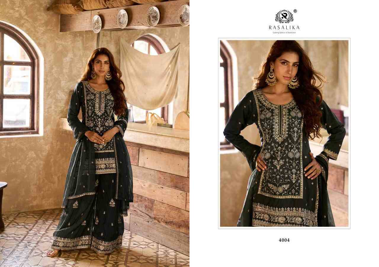 Muskaan By Rasalika 4003 To 4005 Series Designer Sharara Suits Beautiful Fancy Colorful Stylish Party Wear & Occasional Wear Heavy Viscose Organza Dresses At Wholesale Price