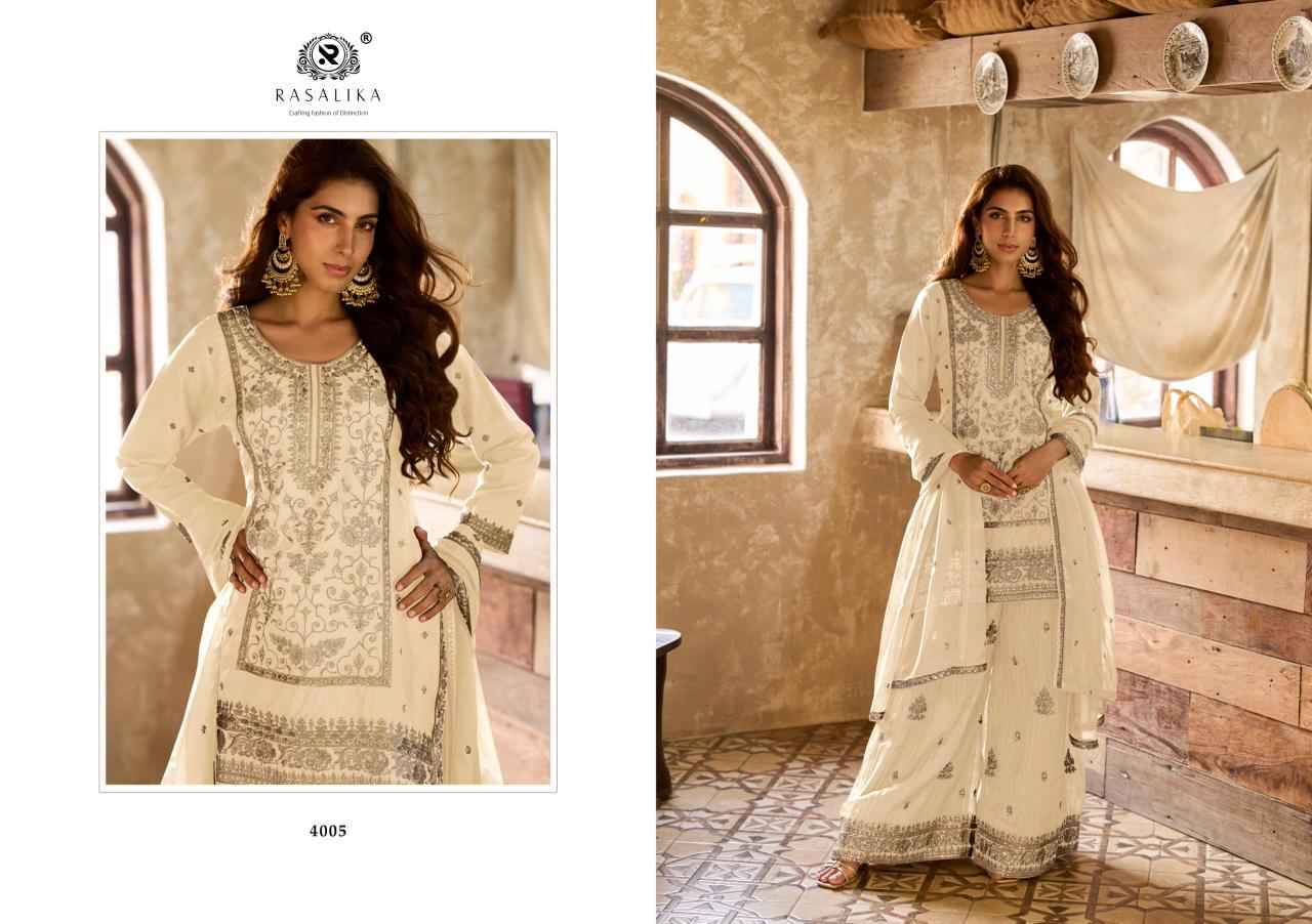 Muskaan By Rasalika 4003 To 4005 Series Designer Sharara Suits Beautiful Fancy Colorful Stylish Party Wear & Occasional Wear Heavy Viscose Organza Dresses At Wholesale Price