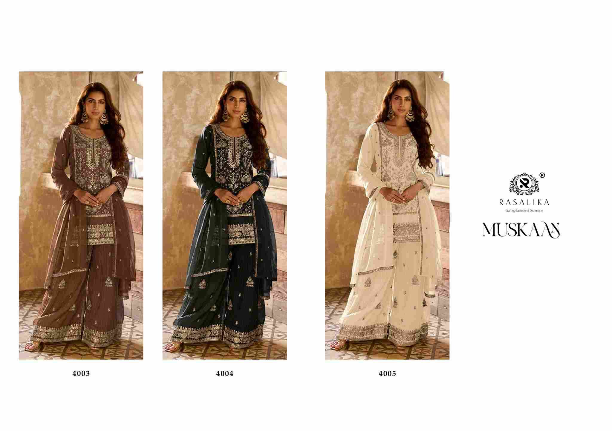 Muskaan By Rasalika 4003 To 4005 Series Designer Sharara Suits Beautiful Fancy Colorful Stylish Party Wear & Occasional Wear Heavy Viscose Organza Dresses At Wholesale Price