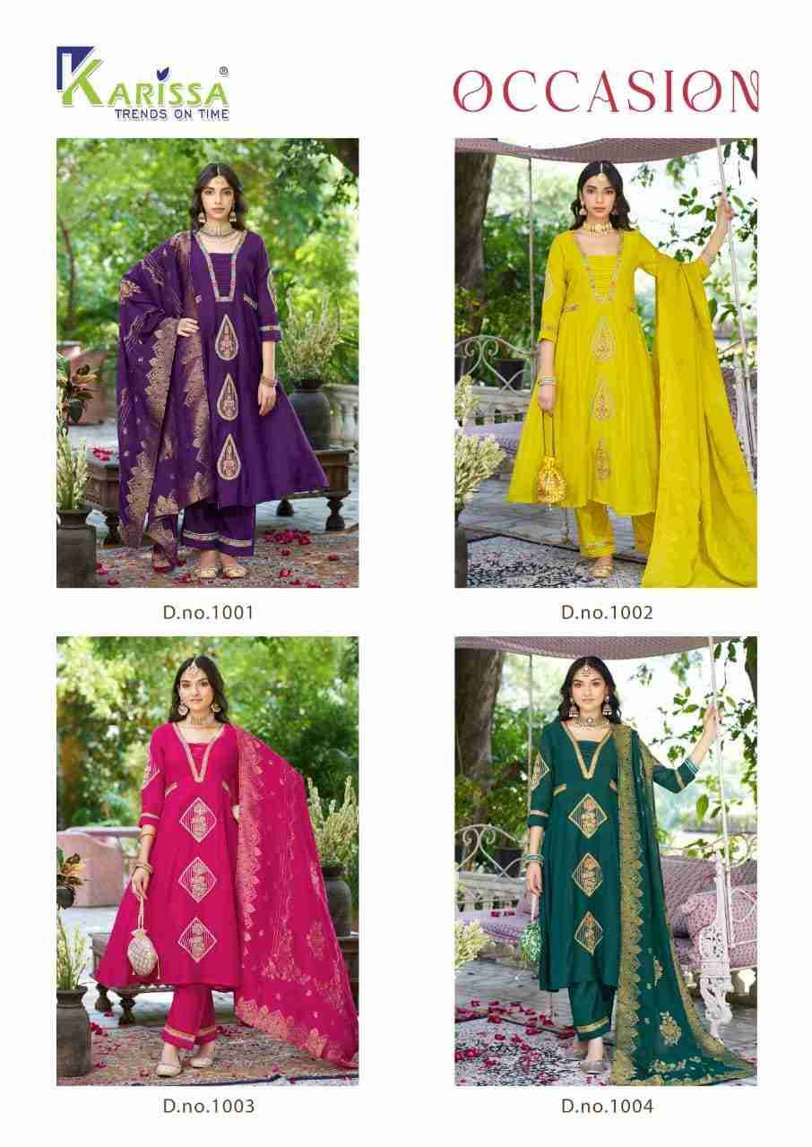 Occasion By Karissa 1001 To 1004 Series Designer Festive Suits Collection Beautiful Stylish Fancy Colorful Party Wear & Occasional Wear Pure Chanderi Dresses At Wholesale Price
