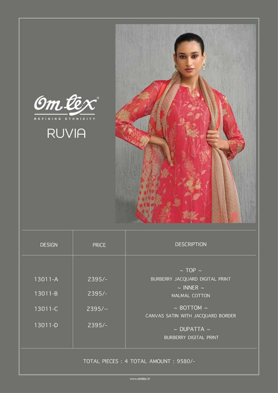 Ruvia By Om Tex 13011-A To 13011-D Series Beautiful Suits Stylish Fancy Colorful Party Wear & Ethnic Wear Jacquard Dresses At Wholesale Price