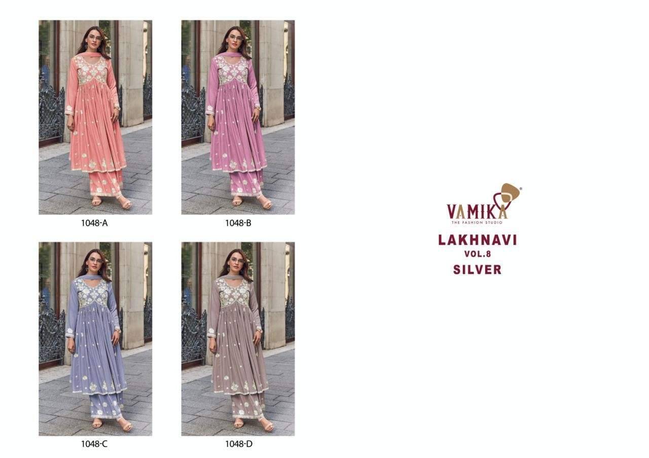 Lakhnavi Vol-8 Silver By Vamika 1048-A To 1048-D Series Beautiful Stylish Sharara Suits Fancy Colorful Casual Wear & Ethnic Wear & Ready To Wear Pure Rayon Printed Dresses At Wholesale Price