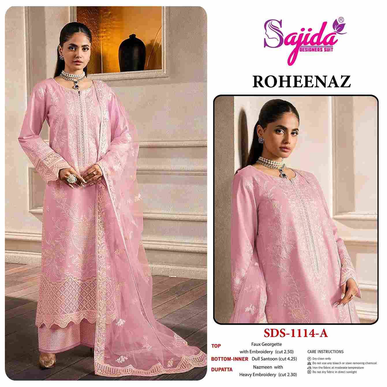 Roheenaz By Sajida Designer Suit 1114-A To 1114-D Series Beautiful Pakistani Suits Colorful Stylish Fancy Casual Wear & Ethnic Wear Faux Georgette Embroidered Dresses At Wholesale Price