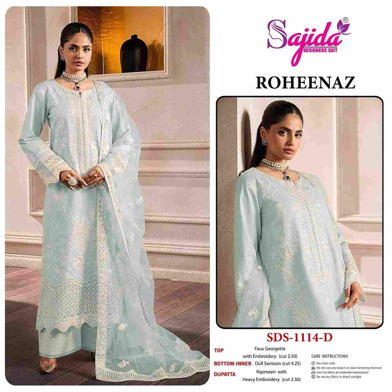 Roheenaz By Sajida Designer Suit 1114-A To 1114-D Series Beautiful Pakistani Suits Colorful Stylish Fancy Casual Wear & Ethnic Wear Faux Georgette Embroidered Dresses At Wholesale Price