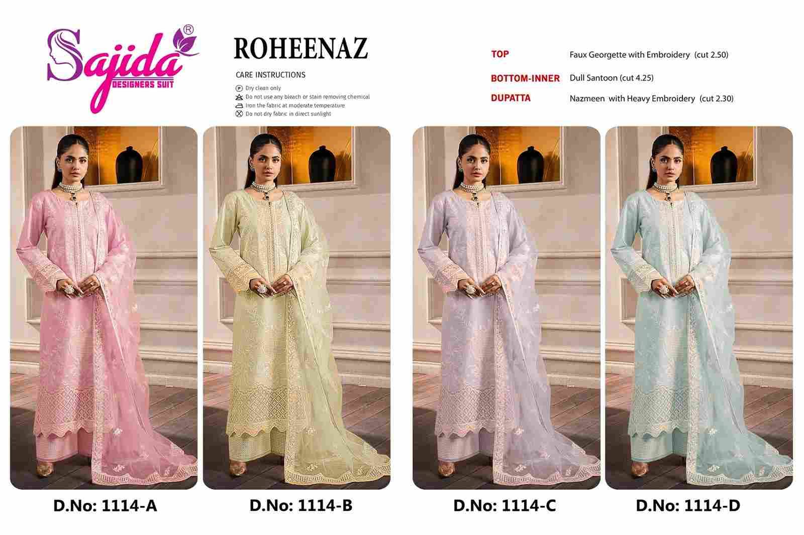 Roheenaz By Sajida Designer Suit 1114-A To 1114-D Series Beautiful Pakistani Suits Colorful Stylish Fancy Casual Wear & Ethnic Wear Faux Georgette Embroidered Dresses At Wholesale Price