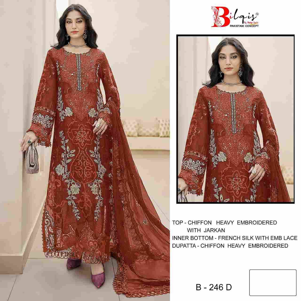 Bilqis 246 Colours By Bilqis 246-A To 246-D Series Beautiful Pakistani Suits Stylish Fancy Colorful Party Wear & Occasional Wear Heavy Chiffon Embroidery Dresses At Wholesale Price