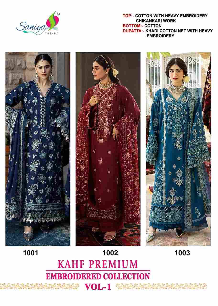 Kahf Premium Embroidered Collection Vol-1 By Saniya Trendz 1001 To 1003 Beautiful Pakistani Suits Colorful Stylish Fancy Casual Wear & Ethnic Wear Cotton Embroidered Dresses At Wholesale Price