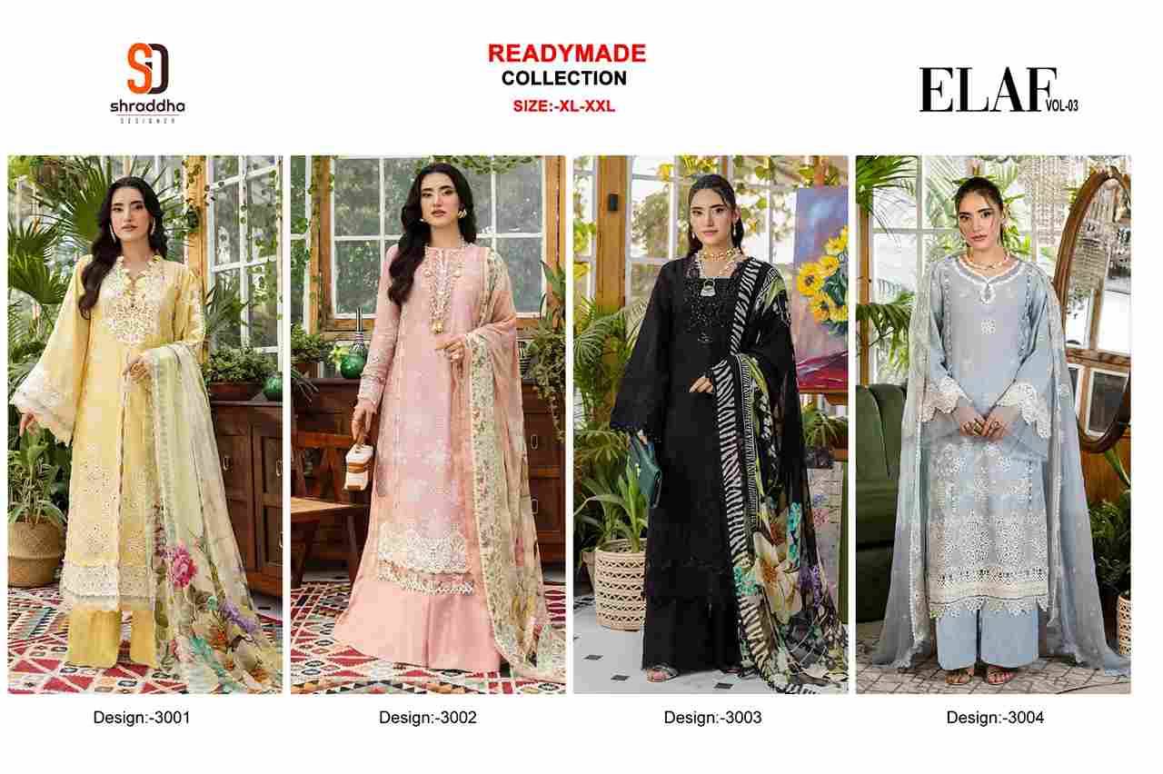 Elaf Vol-3 By Shraddha Designer 3001 To 3004 Series Designer Pakistani Suits Beautiful Stylish Fancy Colorful Party Wear & Occasional Wear Pure Cotton Print Embroidered Dresses At Wholesale Price