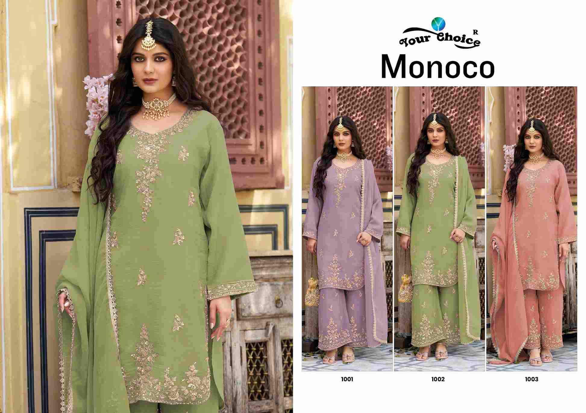 Monoco By Your Choice 1001 To 1003 Series Beautiful Festive Suits Colorful Stylish Fancy Casual Wear & Ethnic Wear Rose Gold Dresses At Wholesale Price