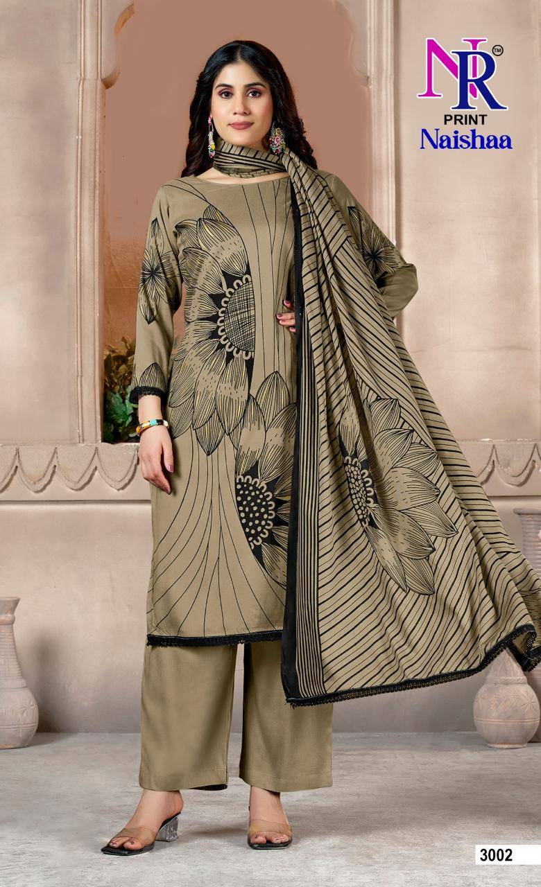 Naishaa Vol-3 By NR Print 3001 To 3005 Series Beautiful Stylish Festive Suits Fancy Colorful Casual Wear & Ethnic Wear & Ready To Wear Rayon Foil Print Dresses At Wholesale Price