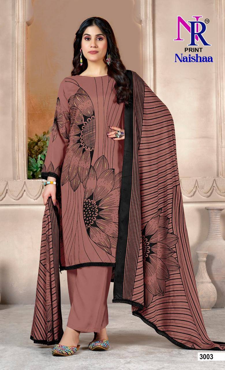 Naishaa Vol-3 By NR Print 3001 To 3005 Series Beautiful Stylish Festive Suits Fancy Colorful Casual Wear & Ethnic Wear & Ready To Wear Rayon Foil Print Dresses At Wholesale Price