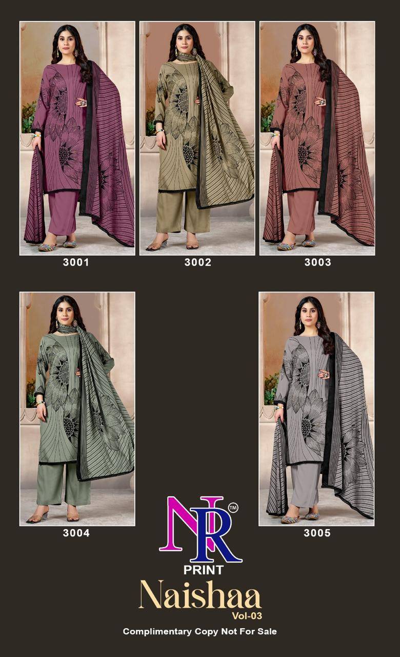 Naishaa Vol-3 By NR Print 3001 To 3005 Series Beautiful Stylish Festive Suits Fancy Colorful Casual Wear & Ethnic Wear & Ready To Wear Rayon Foil Print Dresses At Wholesale Price