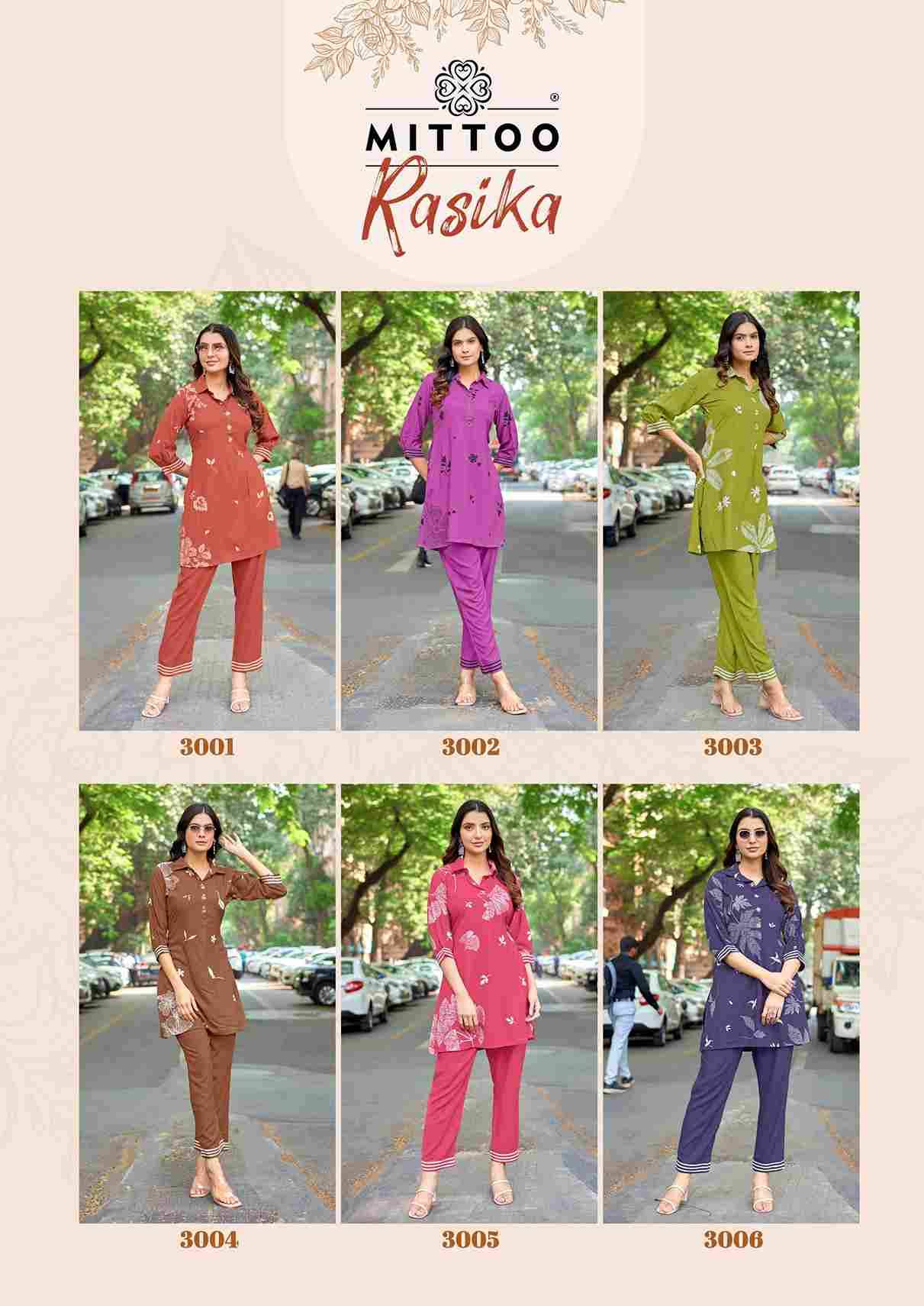 Rasika By Mittoo 3001 To 3006 Series Designer Stylish Fancy Colorful Beautiful Party Wear & Ethnic Wear Collection Rayon Print Kurtis With Bottom At Wholesale Price