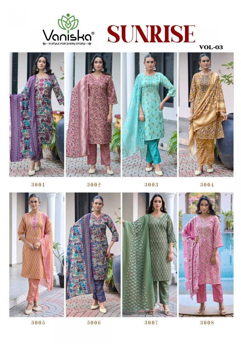 Sunrise Vol-3 By Vaniska 3001 To 3008 Series Beautiful Festive Suits Colorful Stylish Fancy Casual Wear & Ethnic Wear Capsule Foil Dresses At Wholesale Price