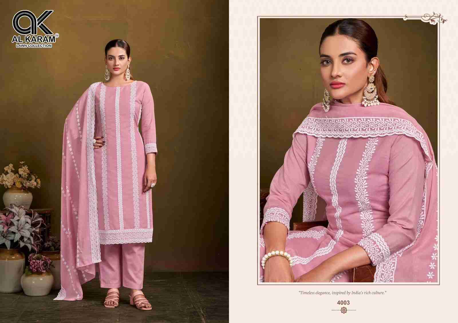 Lucknowi By Al Karam Lawn Collection 4001 To 4004 Series Beautiful Festive Suits Colorful Stylish Fancy Casual Wear & Ethnic Wear Pure Cotton Print Dresses At Wholesale Price