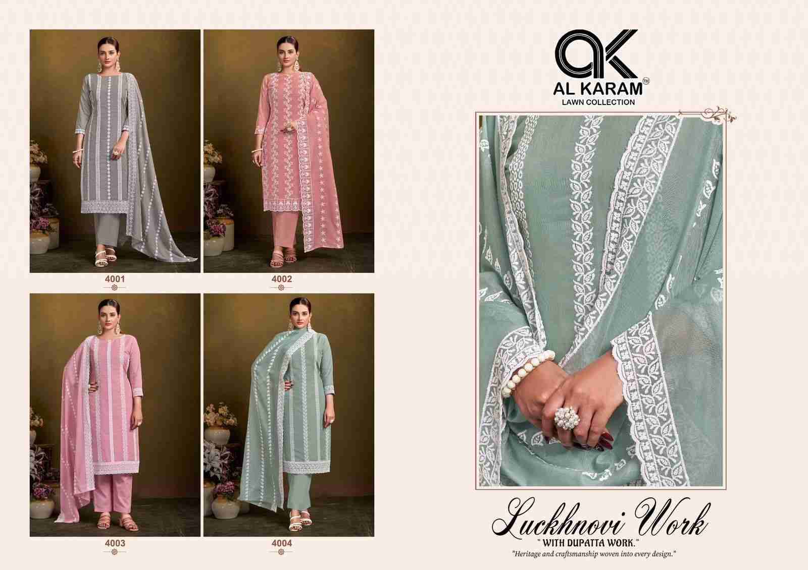 Lucknowi By Al Karam Lawn Collection 4001 To 4004 Series Beautiful Festive Suits Colorful Stylish Fancy Casual Wear & Ethnic Wear Pure Cotton Print Dresses At Wholesale Price