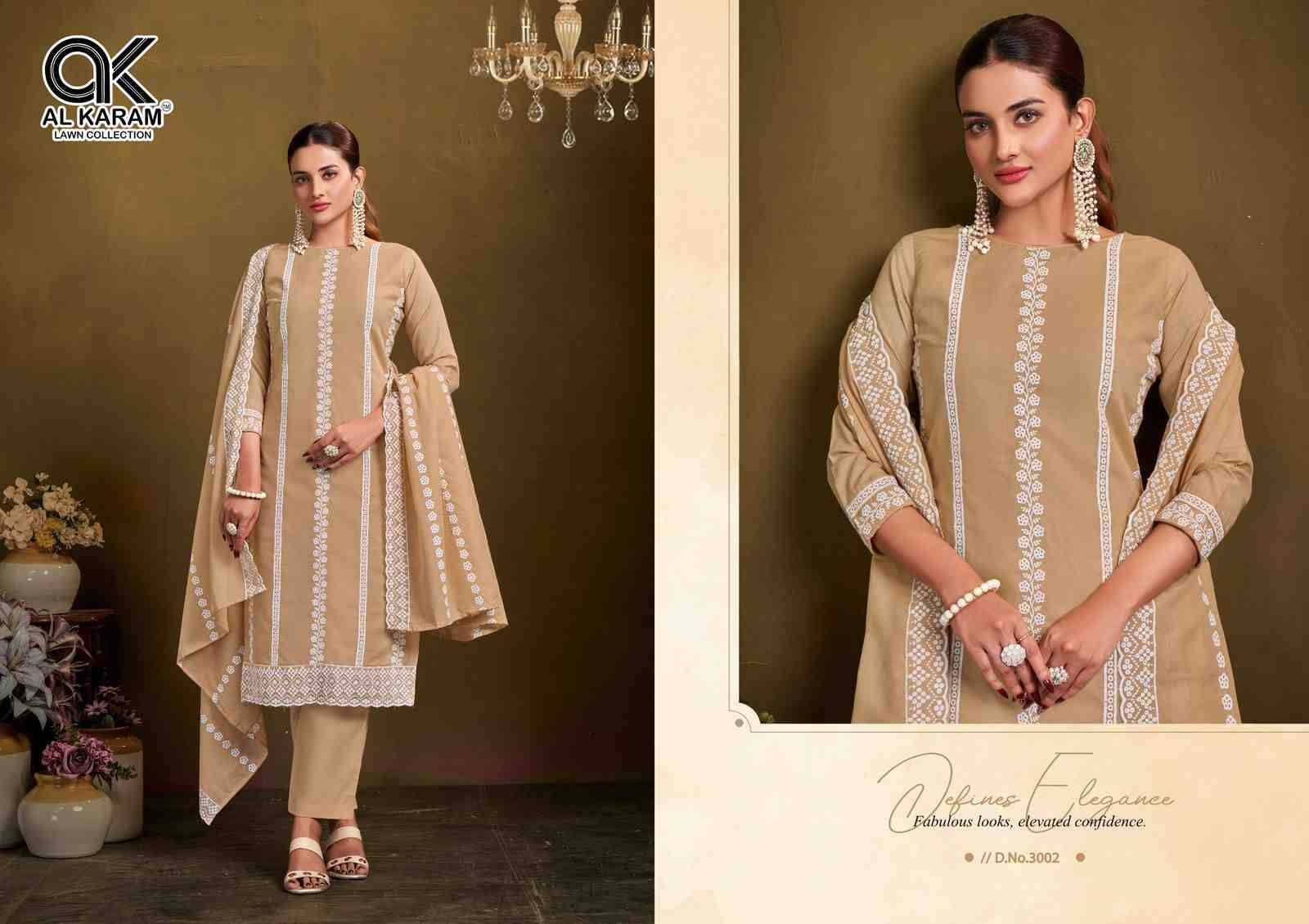 Lohari By Al Karam Lawn Collection 3001 To 3004 Series Beautiful Festive Suits Colorful Stylish Fancy Casual Wear & Ethnic Wear Pure Cotton Print Dresses At Wholesale Price