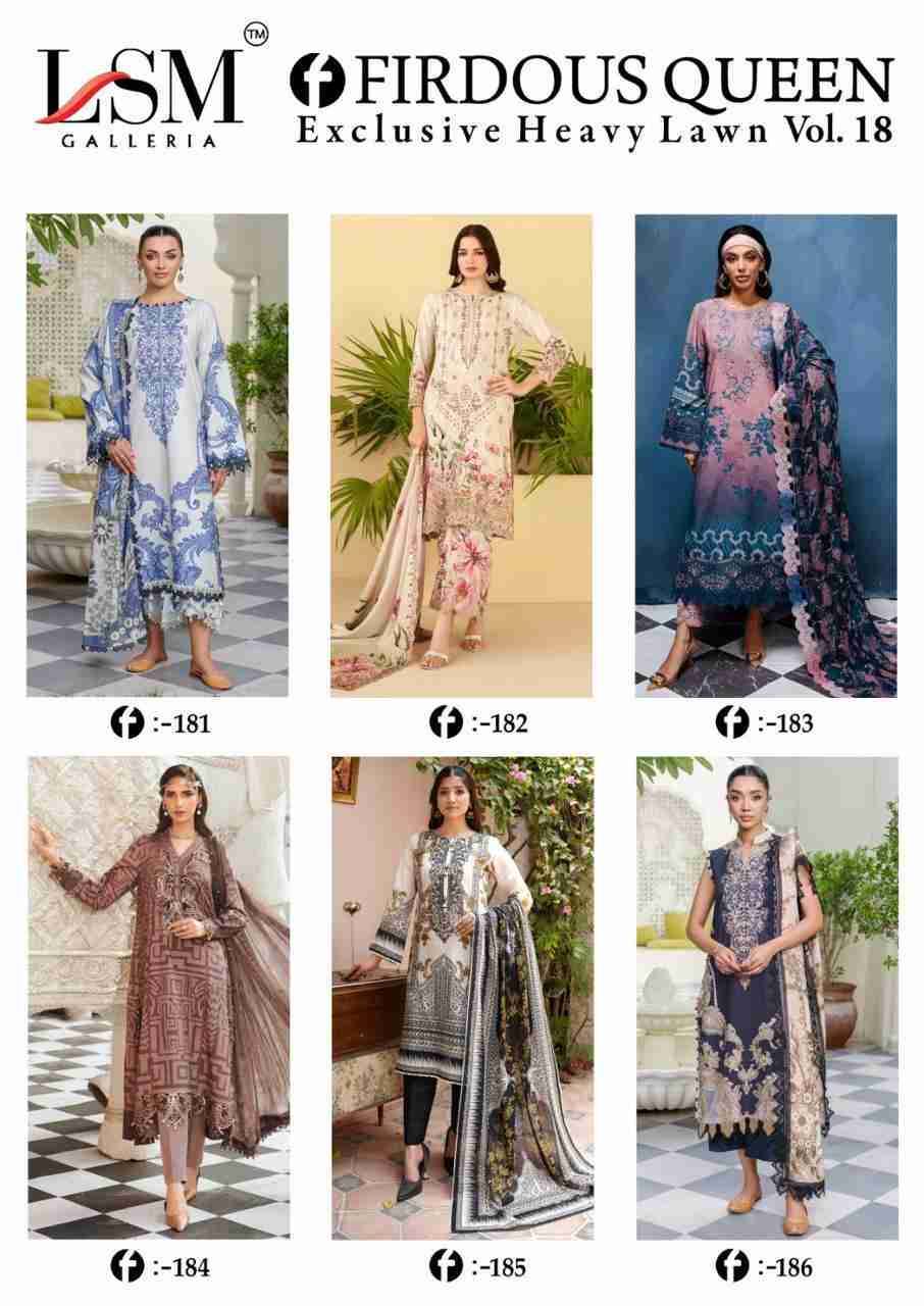 Firdous Queen Vol-18 By Lsm Galleria 181 To 186 Series Beautiful Stylish Festive Suits Fancy Colorful Casual Wear & Ethnic Wear & Ready To Wear Pure Cotton Print Dresses At Wholesale Price