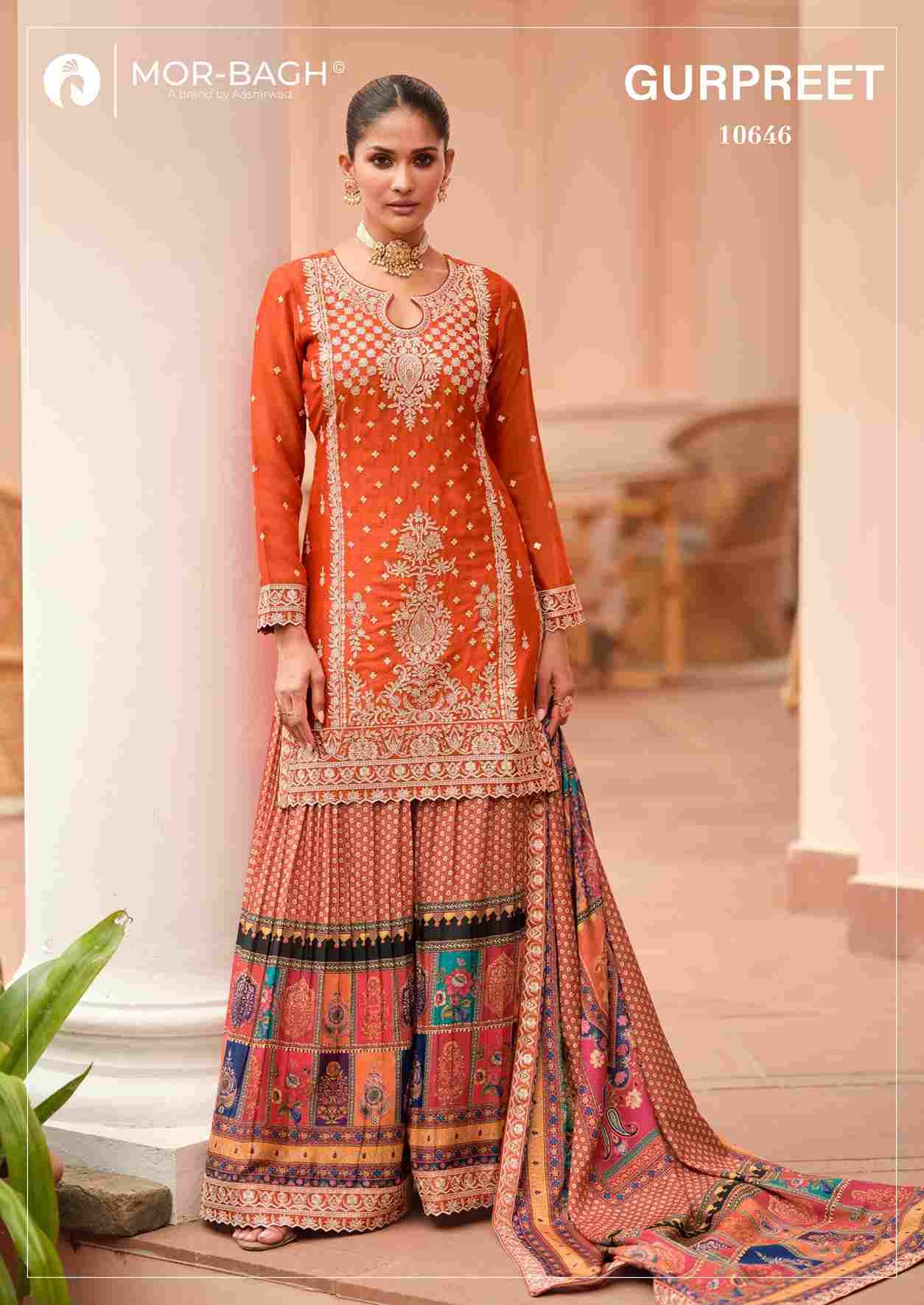 Gurpreet By Mor-Bagh 10645 To 10648 Series Beautiful Sharara Suits Colorful Stylish Fancy Casual Wear & Ethnic Wear Chinnon Silk With Work Dresses At Wholesale Price