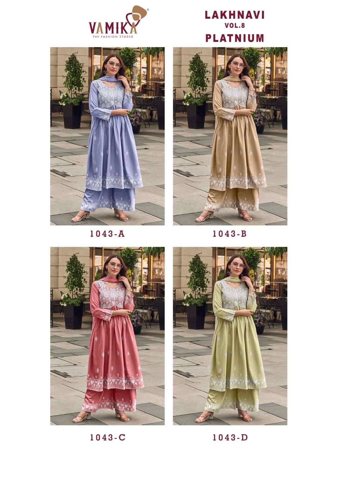 LAKHNAVI VOL 8 PLATINUM BY VAMIKA 1043-A To 1043-D Series Beautiful Stylish Sharara Suits Fancy Colorful Casual Wear & Ethnic Wear & Ready To Wear Pure Rayon Printed Dresses At Wholesale Price