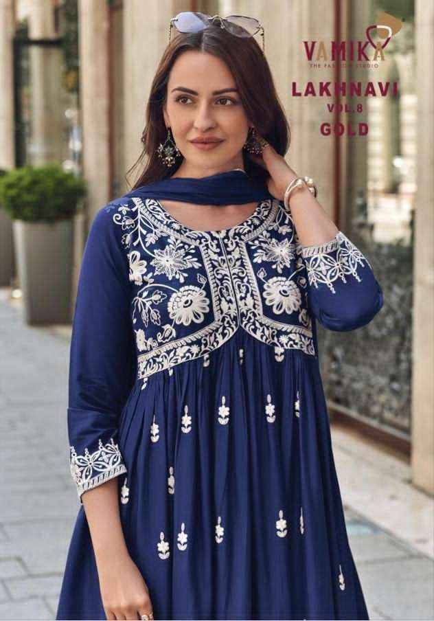 Lakhnavi Vol 8 Gold BY VAMIKA 1047-E To 1047-H Series Beautiful Stylish Sharara Suits Fancy Colorful Casual Wear & Ethnic Wear & Ready To Wear Pure Rayon Printed Dresses At Wholesale Price