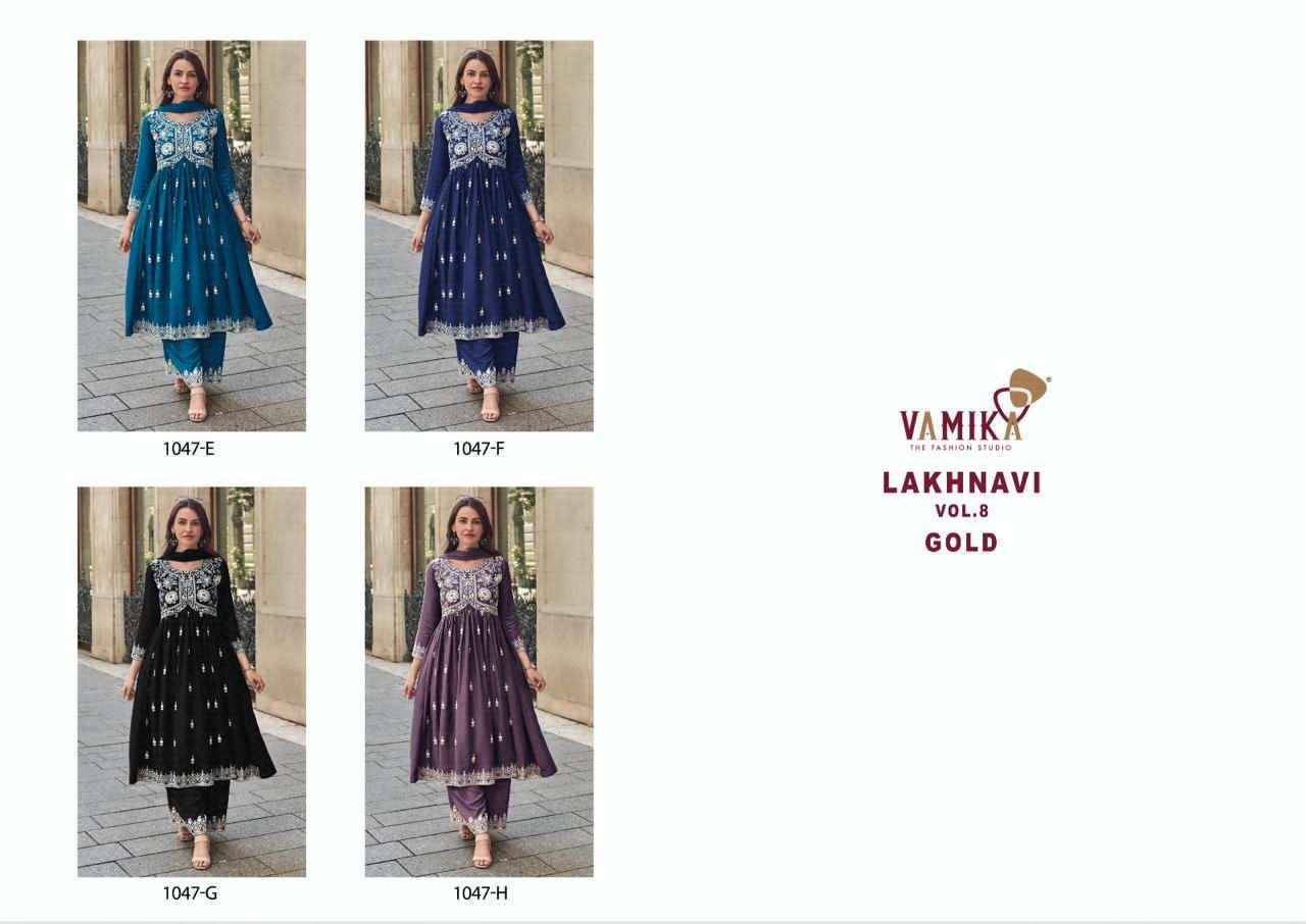Lakhnavi Vol 8 Gold BY VAMIKA 1047-E To 1047-H Series Beautiful Stylish Sharara Suits Fancy Colorful Casual Wear & Ethnic Wear & Ready To Wear Pure Rayon Printed Dresses At Wholesale Price