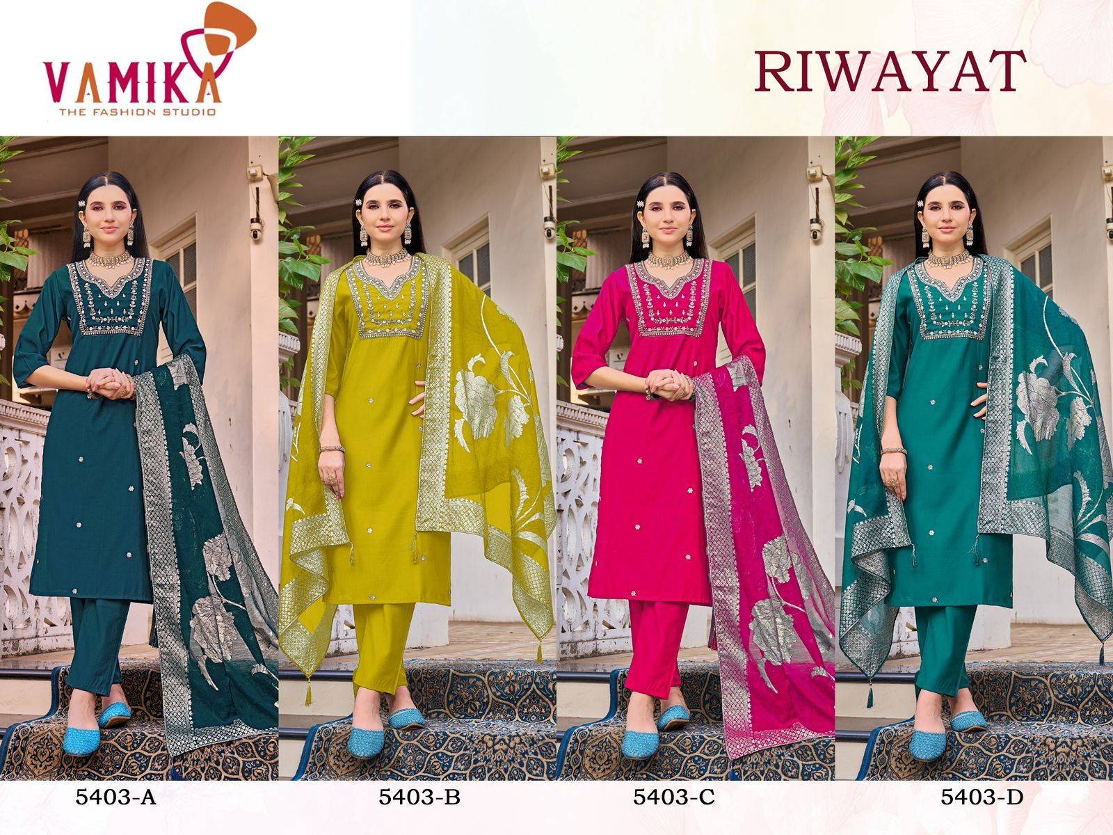Riwayat BY VAMIKA 5403-A To 5403-D Series Beautiful Stylish Sharara Suits Fancy Colorful Casual Wear & Ethnic Wear & Ready To Wear With Hand Worked Kurti With Bottom Dupatta Collection At Wholesale Price