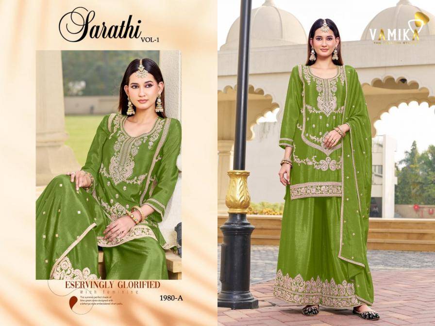 SARATHI VOL 1 By Vamika 1980-A To 1980-D Series Beautiful Stylish Sharara Suits Fancy Colorful Casual Wear & Ethnic Wear & Ready To Wear With Chinon Suits Collection At Wholesale Price