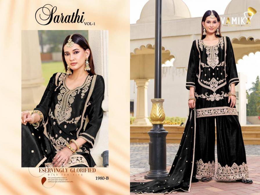 SARATHI VOL 1 By Vamika 1980-A To 1980-D Series Beautiful Stylish Sharara Suits Fancy Colorful Casual Wear & Ethnic Wear & Ready To Wear With Chinon Suits Collection At Wholesale Price