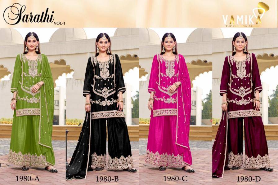 SARATHI VOL 1 By Vamika 1980-A To 1980-D Series Beautiful Stylish Sharara Suits Fancy Colorful Casual Wear & Ethnic Wear & Ready To Wear With Chinon Suits Collection At Wholesale Price