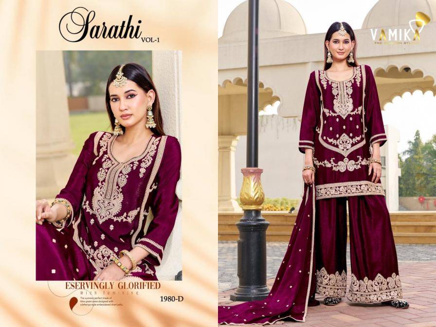 SARATHI VOL 1 By Vamika 1980-A To 1980-D Series Beautiful Stylish Sharara Suits Fancy Colorful Casual Wear & Ethnic Wear & Ready To Wear With Chinon Suits Collection At Wholesale Price