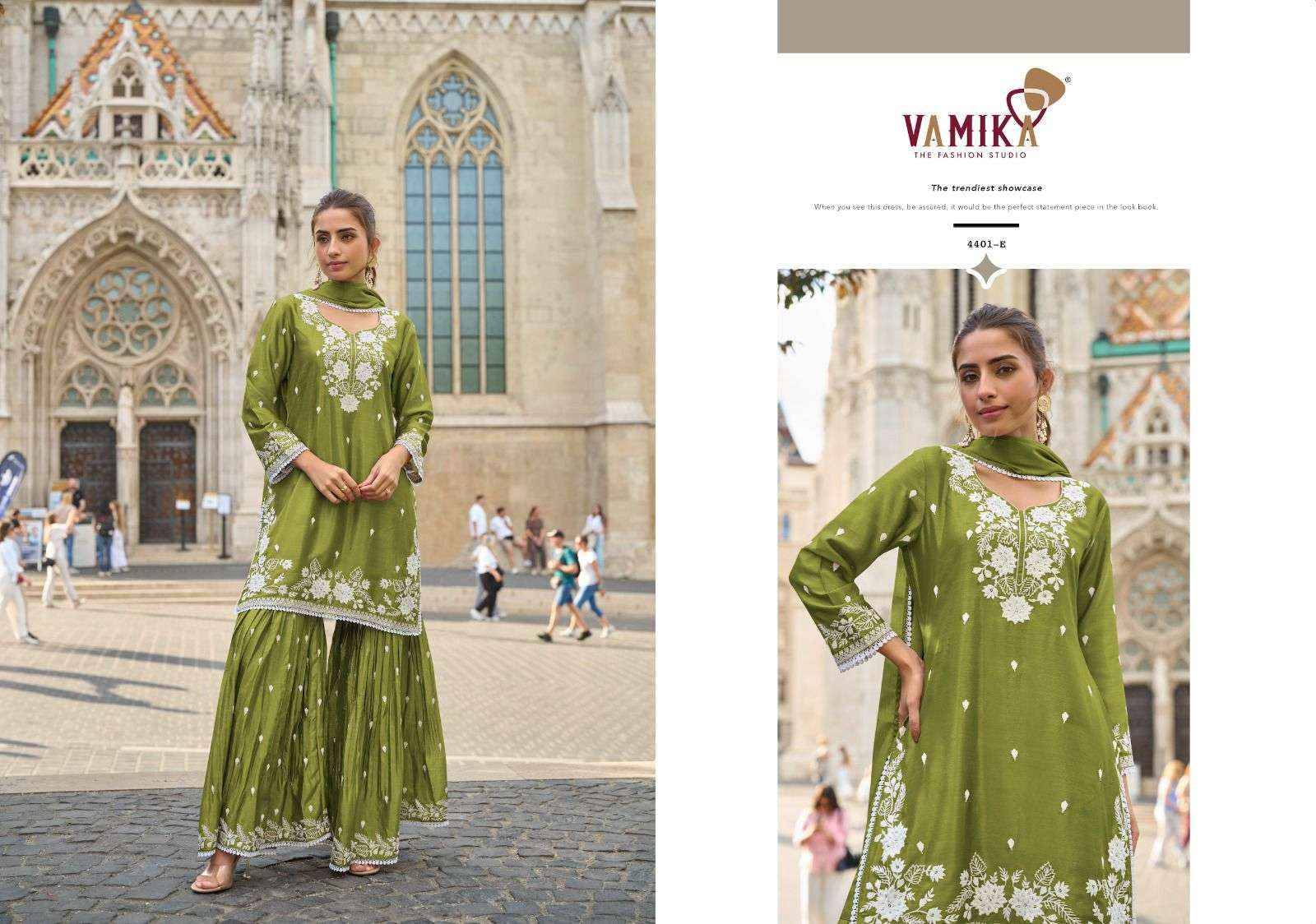 Anamika Vol 3 by Vamika 4401 A to 4401 E Series Designer Stylish Fancy Colorful Beautiful Party Wear & Ethnic Wear Collection  Heavy CHINON With Heavy Work At Wholesale Price