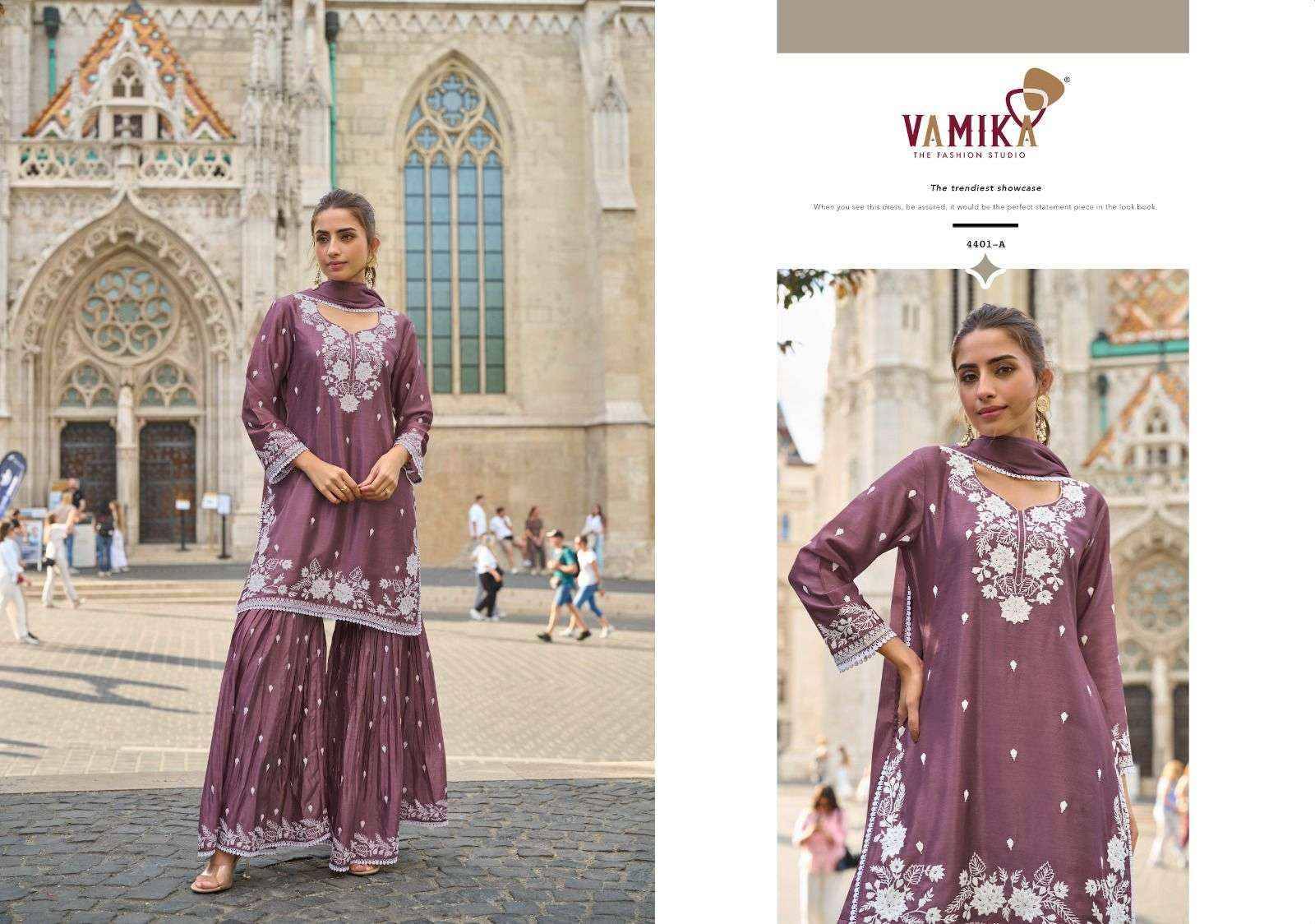 Anamika Vol 3 by Vamika 4401 A to 4401 E Series Designer Stylish Fancy Colorful Beautiful Party Wear & Ethnic Wear Collection  Heavy CHINON With Heavy Work At Wholesale Price