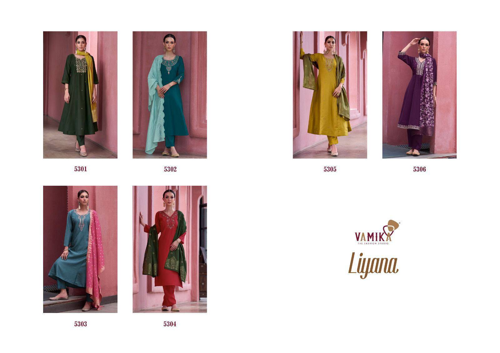 Liyana By Vamika 5301 to 5306 Series Designer Stylish Fancy Colorful Beautiful Party Wear & Ethnic Wear Collection  Viscose Embroidery Kurti Pant And Dupatta Collection At Wholesale Price