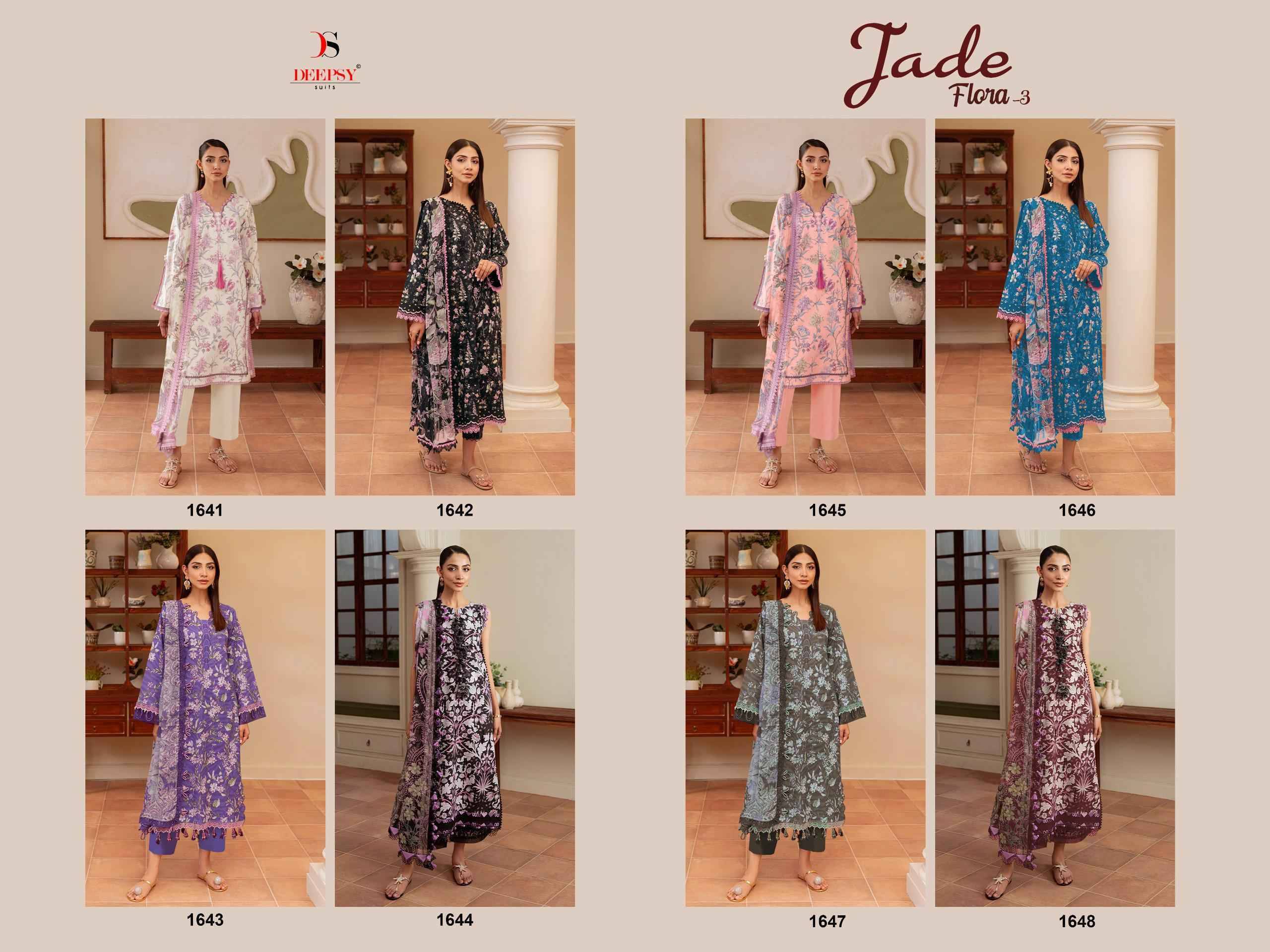 Jade Flora Vol 3 BY DEEPSY SUITS 1641 TO 1648 Series Pakistani Stylish Beautiful Colourful Printed & Embroidered Party Wear & Occasional Wear Pure cotton Dresses At Wholesale Price