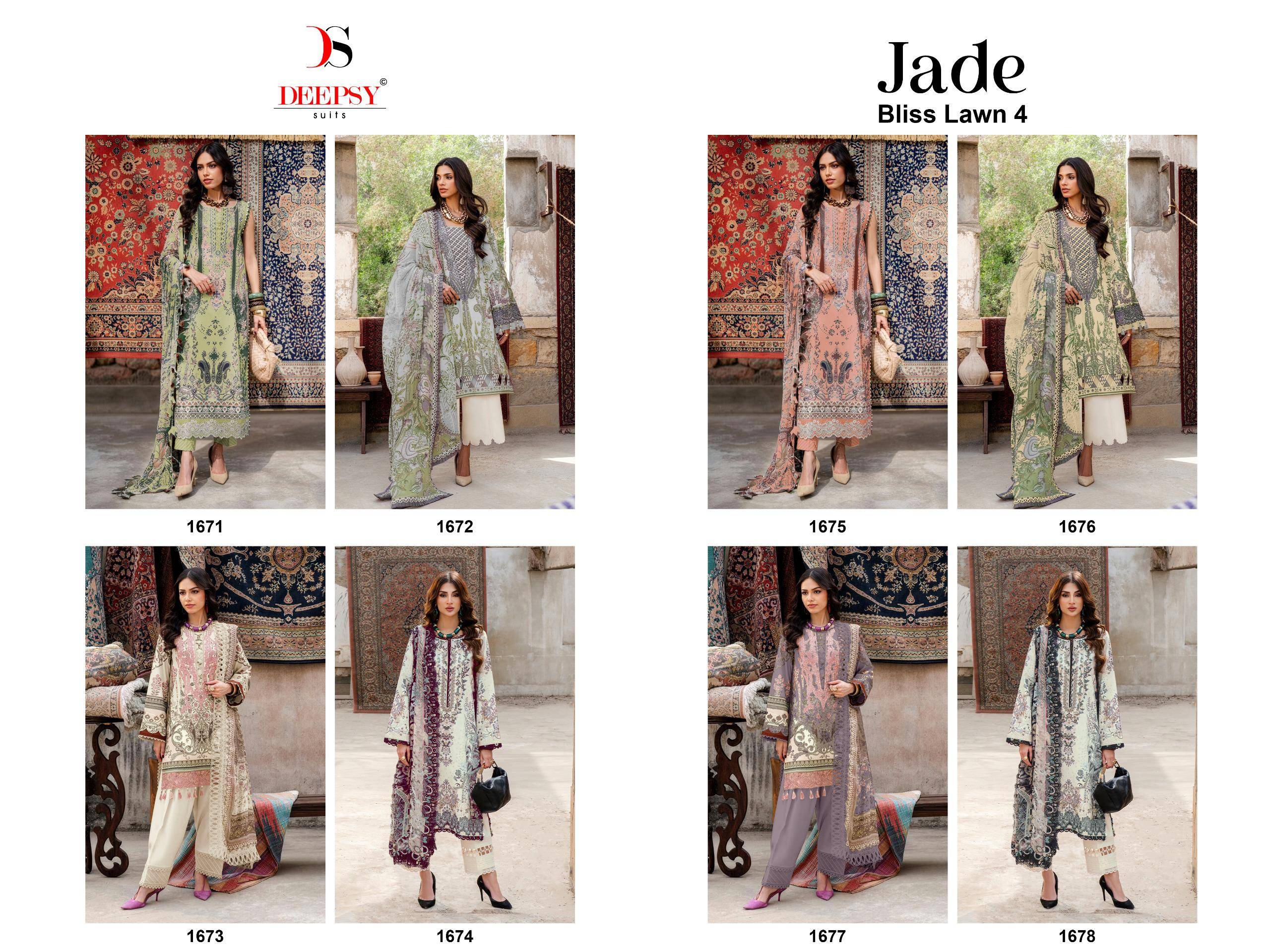 JADE BLISS LAWN 25 VOL 4 BY DEEPSY 1671 TO 1678 SERIES Pakistani Stylish Beautiful Colourful Printed & Embroidered Party Wear & Occasional Wear Pure cotton Dresses At Wholesale Price