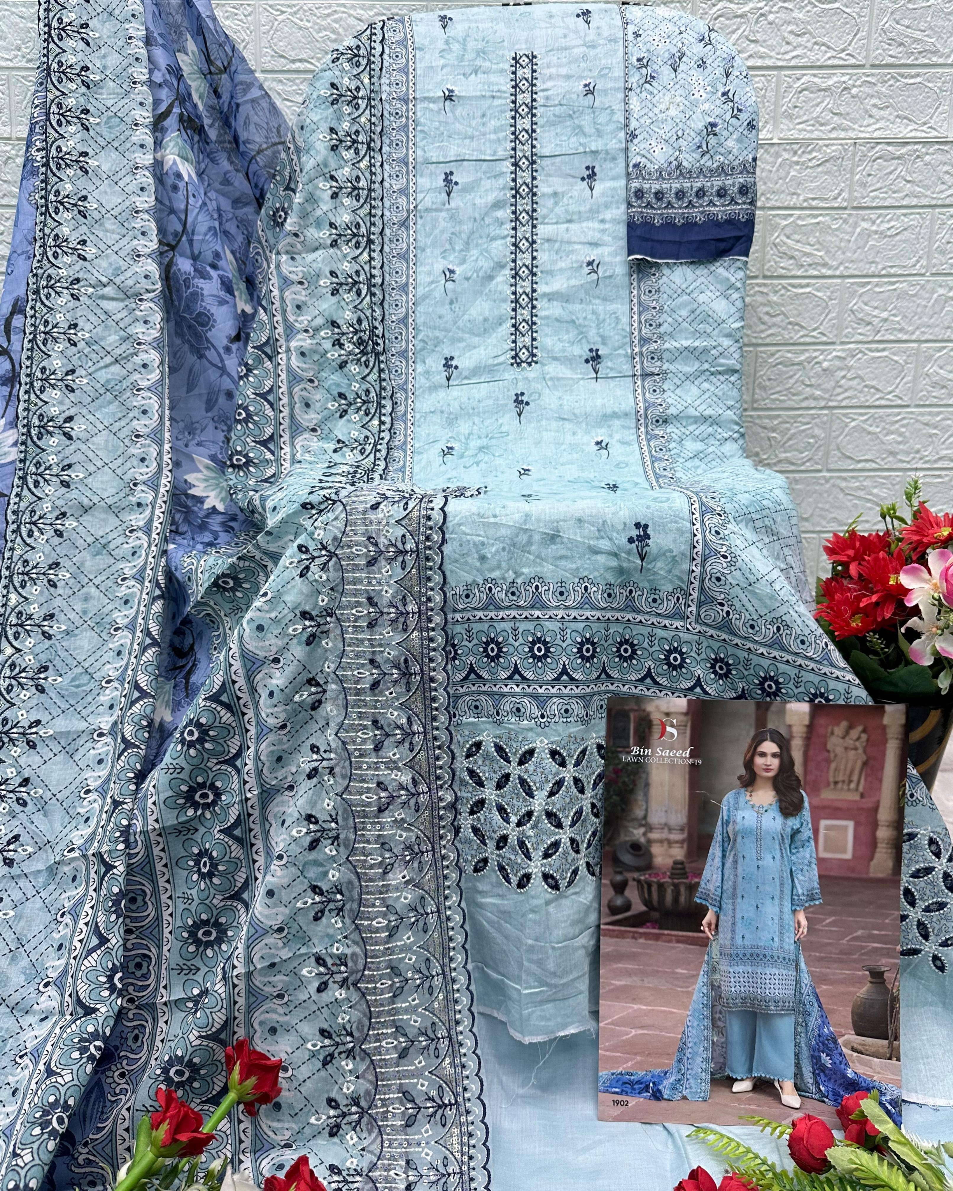BIN SAEED LAWN COLLECTION VOL 19   BY DEEPSY 1901 TO 1908 SERIES Pakistani Stylish Beautiful Colourful Printed & Embroidered Party Wear & Occasional Wear Pure cotton Dresses At Wholesale Price