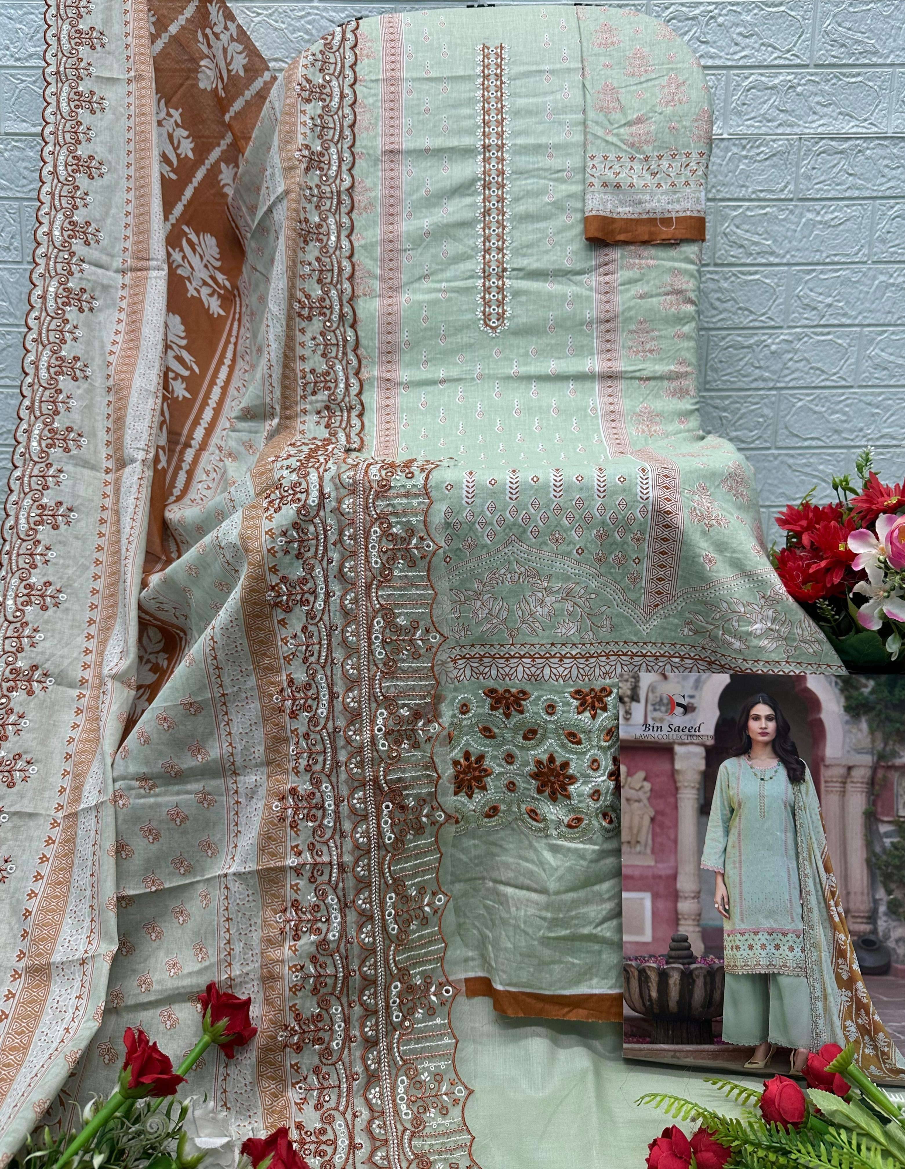 BIN SAEED LAWN COLLECTION VOL 19   BY DEEPSY 1901 TO 1908 SERIES Pakistani Stylish Beautiful Colourful Printed & Embroidered Party Wear & Occasional Wear Pure cotton Dresses At Wholesale Price