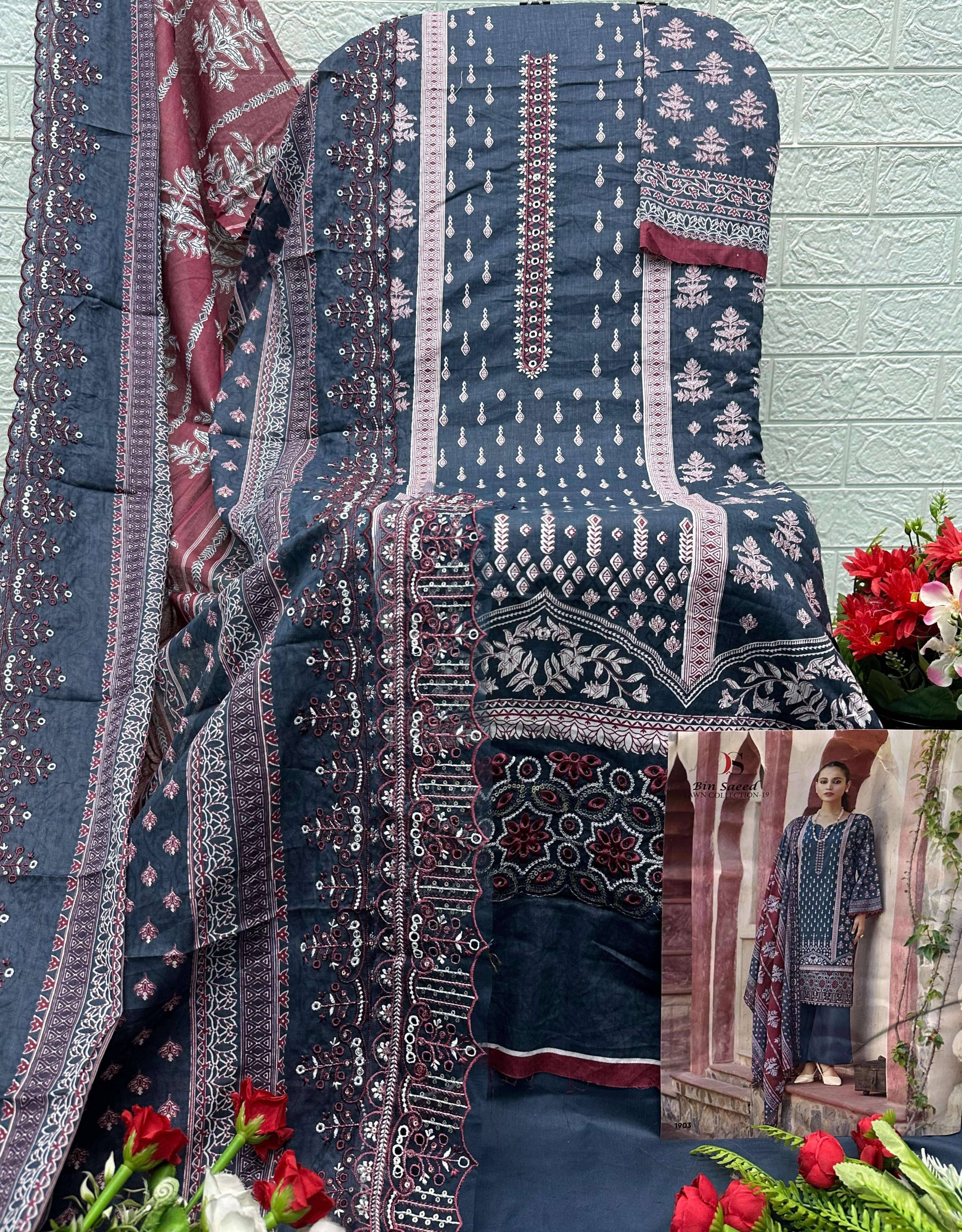 BIN SAEED LAWN COLLECTION VOL 19   BY DEEPSY 1901 TO 1908 SERIES Pakistani Stylish Beautiful Colourful Printed & Embroidered Party Wear & Occasional Wear Pure cotton Dresses At Wholesale Price