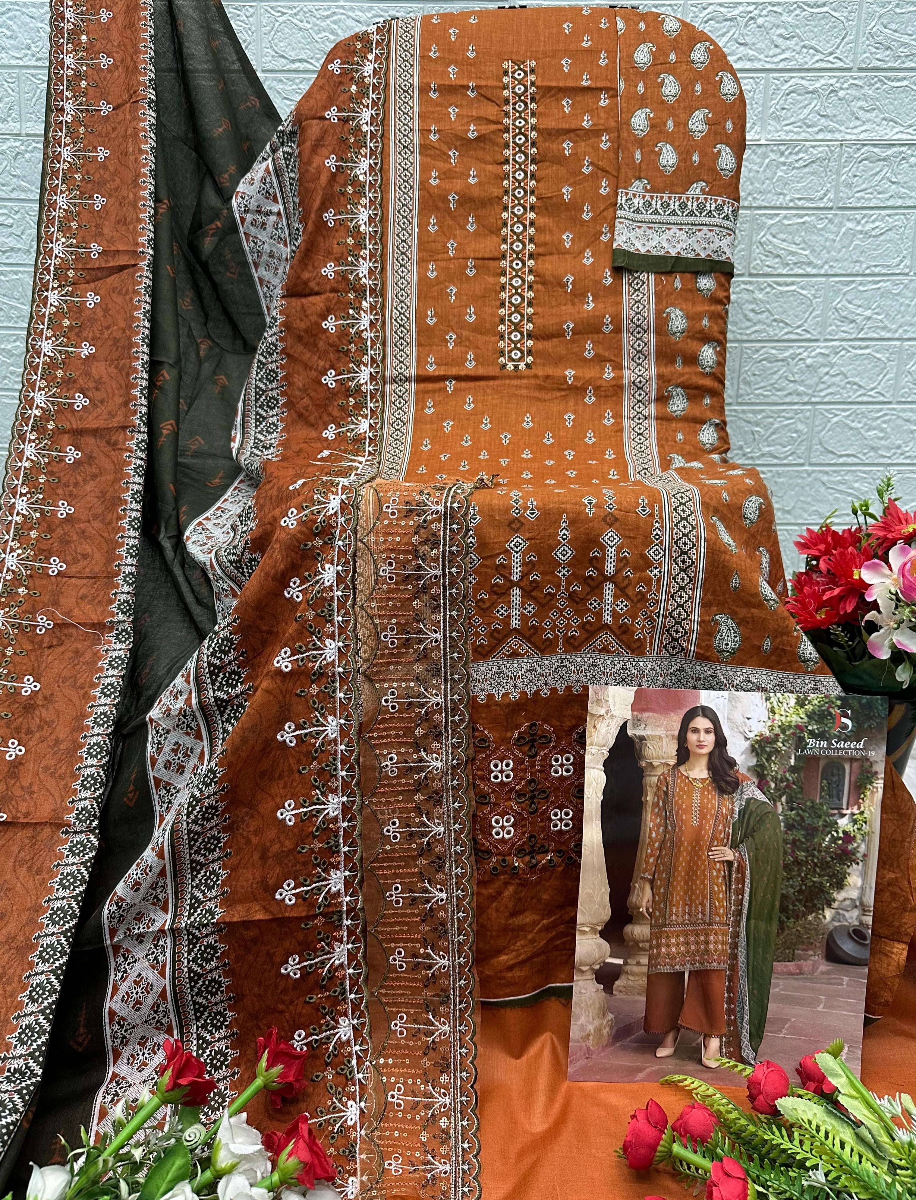 BIN SAEED LAWN COLLECTION VOL 19   BY DEEPSY 1901 TO 1908 SERIES Pakistani Stylish Beautiful Colourful Printed & Embroidered Party Wear & Occasional Wear Pure cotton Dresses At Wholesale Price