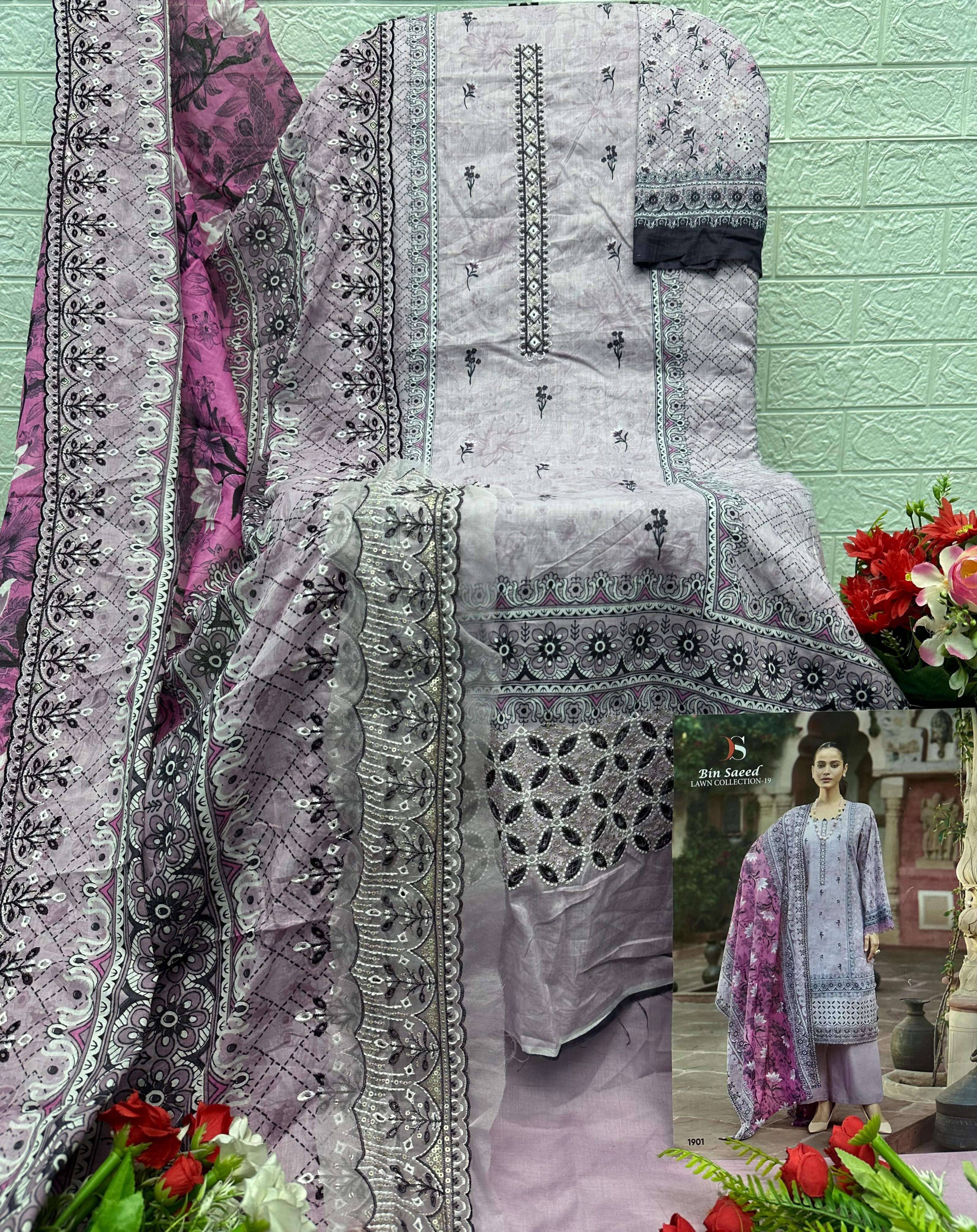 BIN SAEED LAWN COLLECTION VOL 19   BY DEEPSY 1901 TO 1908 SERIES Pakistani Stylish Beautiful Colourful Printed & Embroidered Party Wear & Occasional Wear Pure cotton Dresses At Wholesale Price
