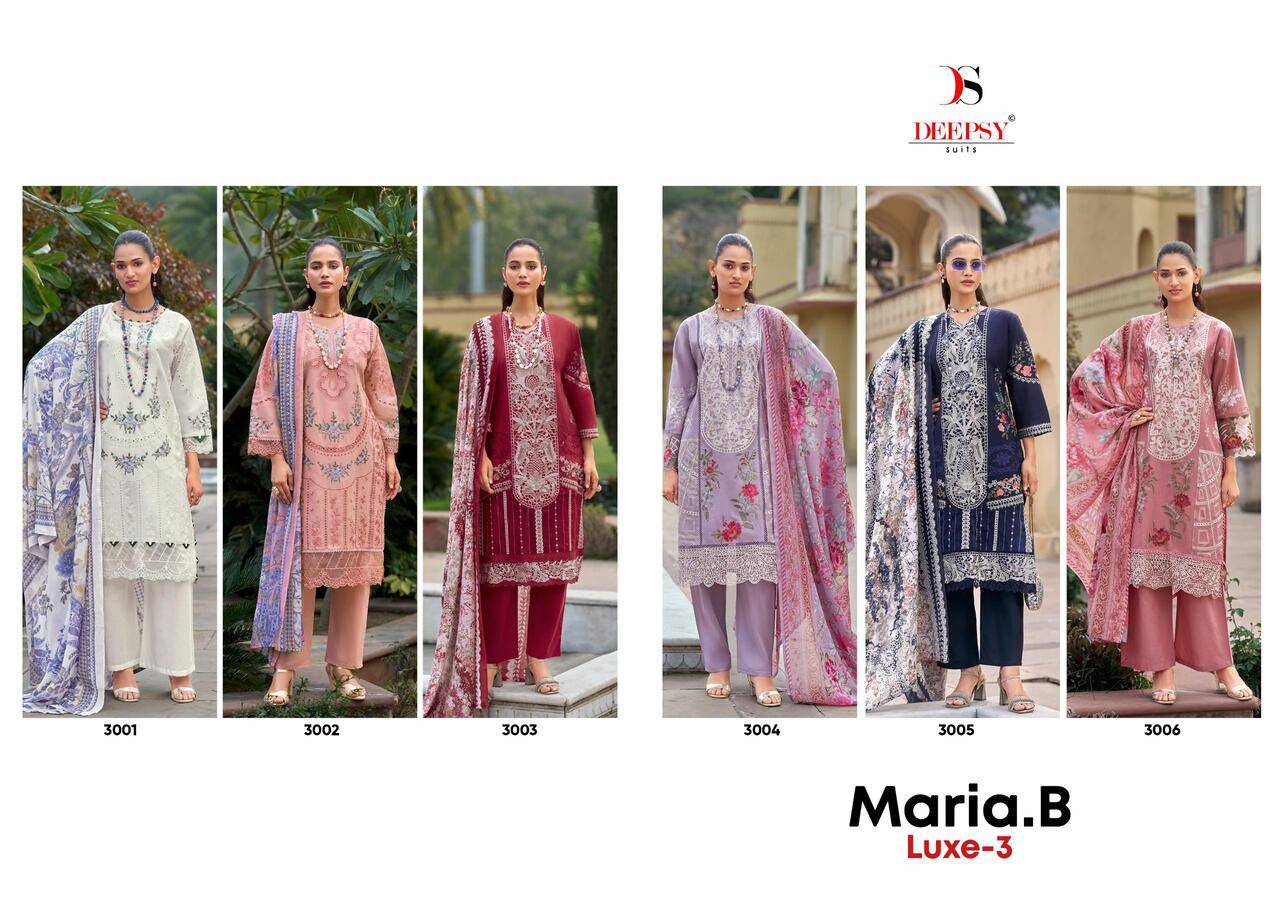 MARIA B LUXE VOL 3 BY DEEPSY 3001 TO 3006 SERIES Pakistani Stylish Beautiful Colourful Printed & Embroidered Party Wear & Occasional Wear Pure cotton Dresses At Wholesale Price
