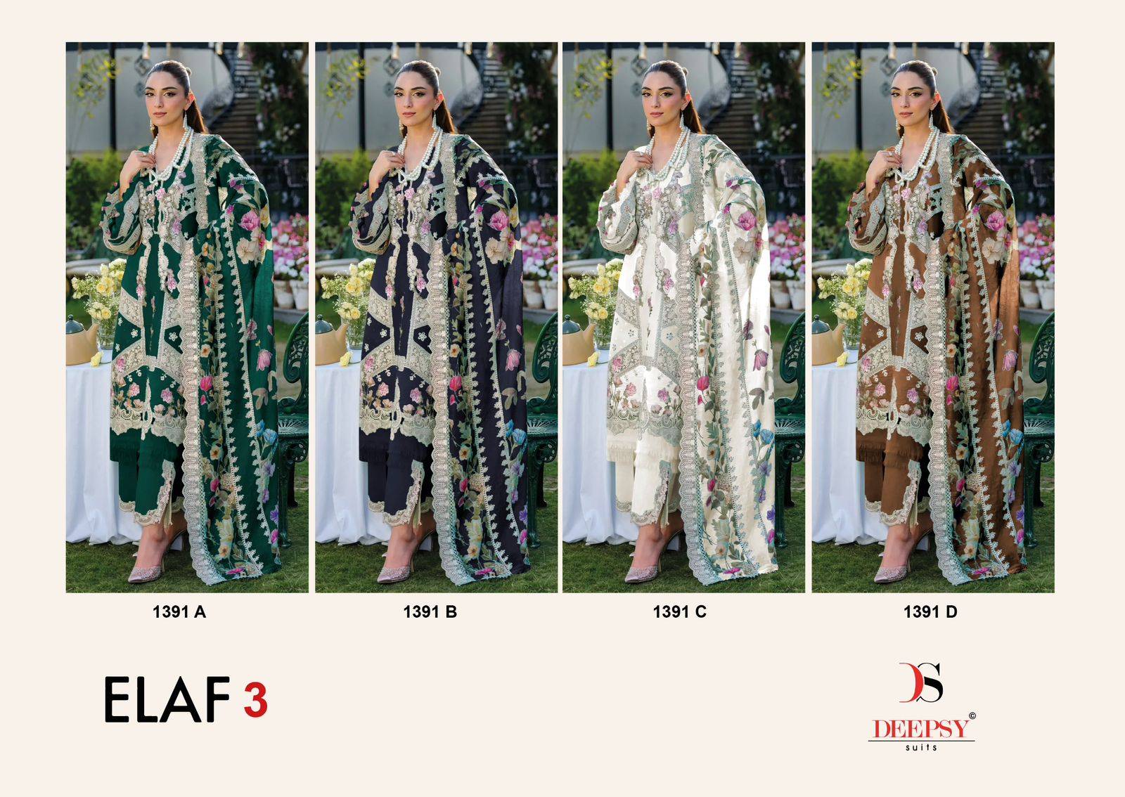 Elaf 1391 colors BY DEEPSY 1391-A TO 1391-D SERIES Pakistani Stylish Beautiful Colourful Printed & Embroidered Party Wear & Occasional Wear Pure cotton Dresses At Wholesale Price
