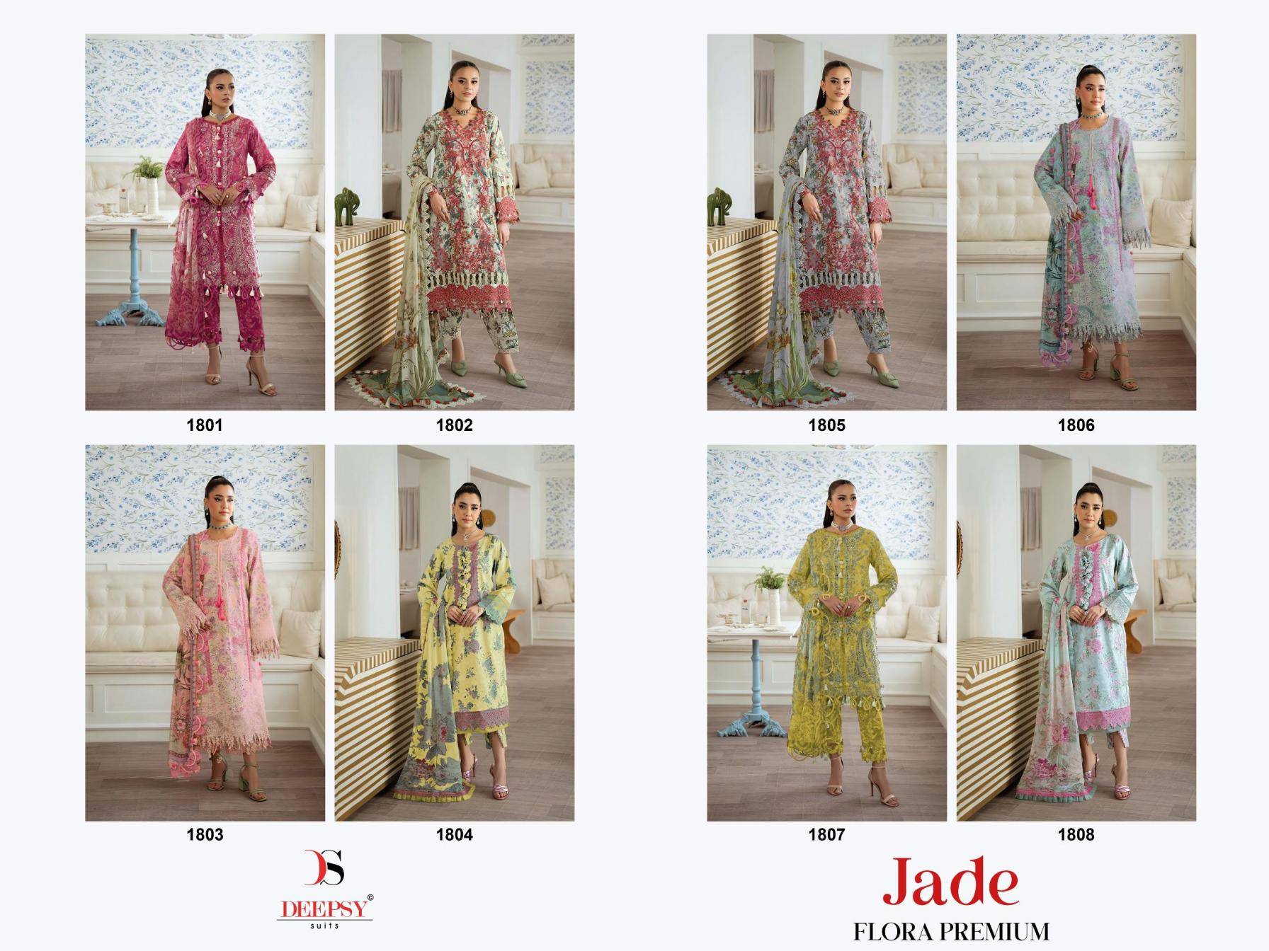 JADE FLORA PREMIUM DEEPSY SUITS 1801 TO 1808 SERIES Pakistani Stylish Beautiful Colourful Printed & Embroidered Party Wear & Occasional Wear Pure cotton Dresses At Wholesale Price